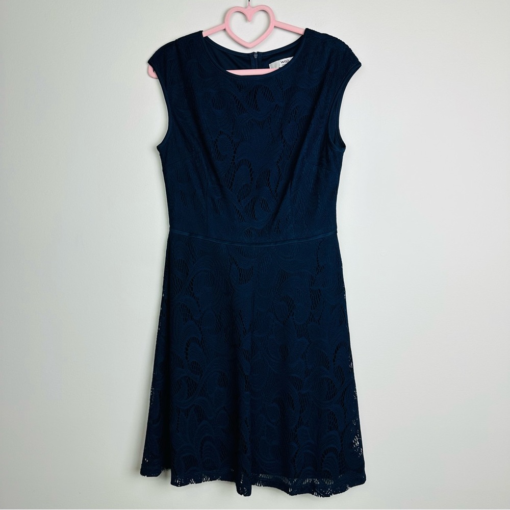 Wisp Navy Blue Eyelash Lace Cap Sleeve Fit and Flare Mini Dress Size 8P